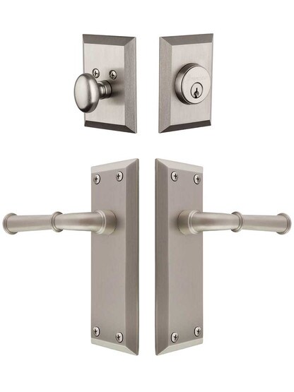 Grandeur Fifth-Avenue Entry Door Set, Keyed Alike with Georgetown Levers in Satin Nickel.